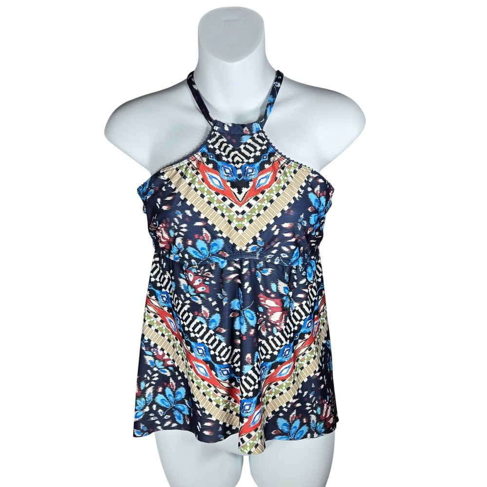 Lucky Brand Halter Top Medium Swimwear Tankini Blue Geometric Floral Festival